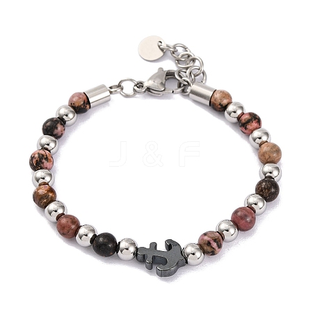 Natural Rhodochrosite & Synthetic Magnetic Hematite Anchor Beaded Bracelet BJEW-P339-01P-03-1