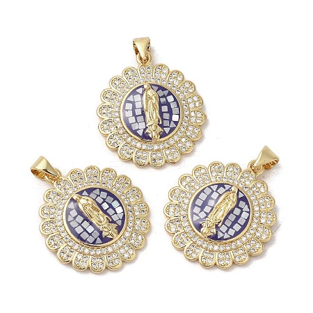 Flat Round with Virgin Mary Brass Micro Pave Cubic Zirconia Pendants KK-K385-029G-1