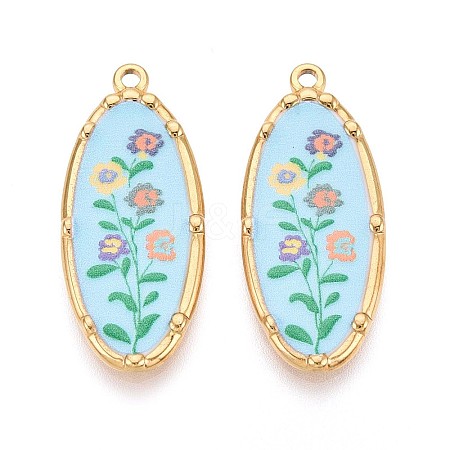 Printed Style 304 Stainless Steel Oval with Flower Pattern Pendants STAS-T071-27B-G-1