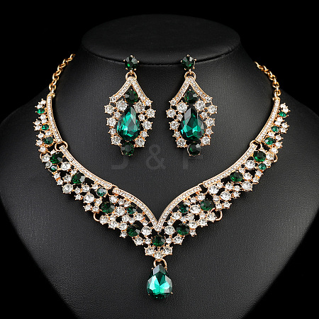 Teardrop Alloy Rhinestone Pendant Necklaces & Stud Dangle Earrings Sets FS-WGBD9B5-03-1