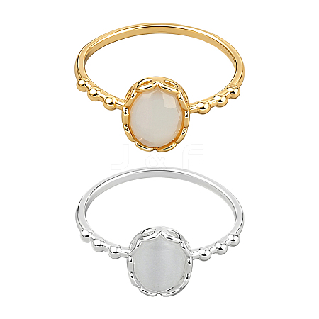 2Pcs 2 Colors Brass & Cat's Eye Finger Rings for Women RJEW-GO0001-24-1