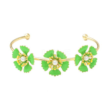 Alloy Flower with Imitation Pearl Beaded Open Cuff Bangle for Women LS-BJEW-D054-02G-02-1