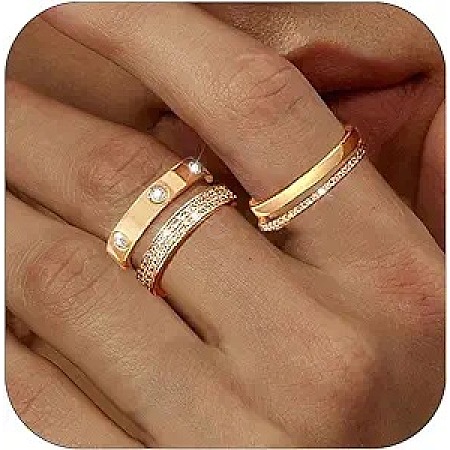 3Pcs 3 Styles Zinc Alloy Micro Pave Clear Cubic Zirconia Finger Rings FS-WG142C0-01-1