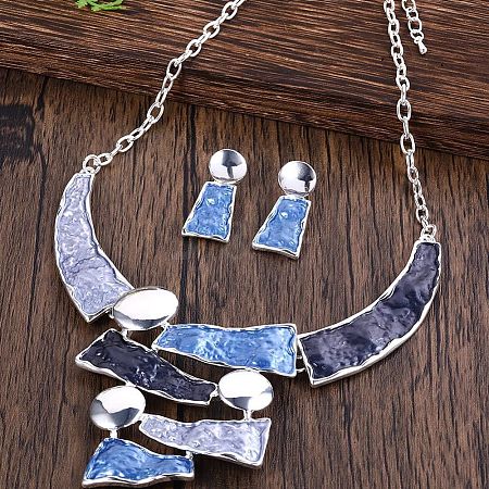 Trapezoid Zinc Alloy Enamel Pendant Necklaces & Stud Dangle Earrings Sets for Women WG56C72-07-1