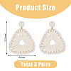 FIBLOOM 3 Pairs 3 Colors Raffia Grass Braided Triangle Dangle Stud Earrings for Women EJEW-FI0002-28-2