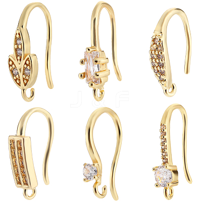 12 Pairs 6 Style Brass Micro Pave Clear Cubic Zirconia Earring Hooks ZIRC-BBC0002-23-1