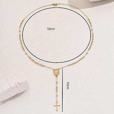 201 Stainless Steel Crystal Rhinestone Relief Portrait Saint Pendant Tassel Cross Rosary Bead Necklaces for Women EU5525-1-1