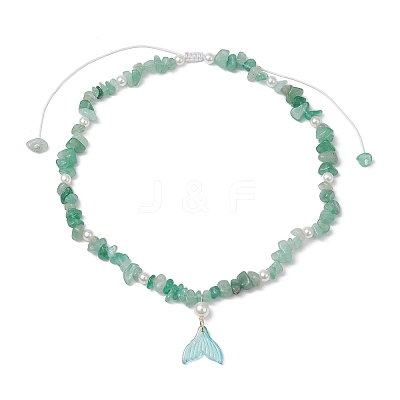 Natural Green Aventurine Chip & Imitaton Round Pearl Beaded Adjustable Necklaces NJEW-JN05227-03-1