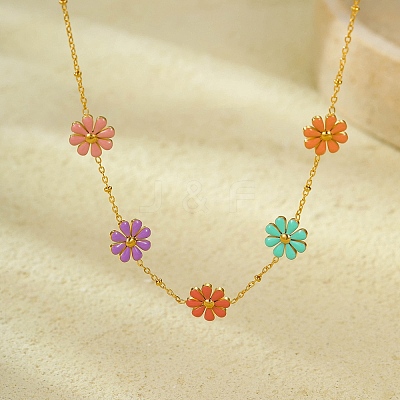 304 Stainless Seel Enamel Daisy Flower Link Chain Necklaces for Women NJEW-D303-01G-1