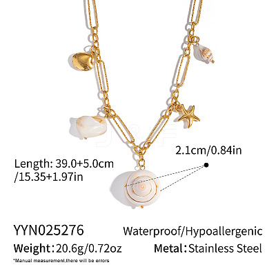 Natural Shell Pendant 304 Staniless Steel Paperclip Chain Bib Necklaces for Women KN2653-2-1