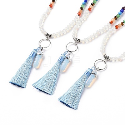 Opalite Bullet & Tassel Pendant Necklace with Mixed Gemstone Beaded Chains NJEW-E585-02F-1