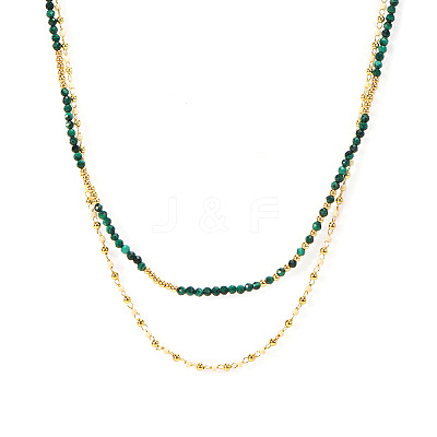 Faceted Round Natural Malachite and Faux Pearl Beaded Double Layer Necklaces with Stainless Steel Cable Chains for Women QA9990-1-1