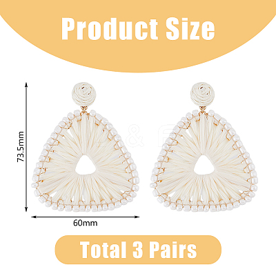 3 Pairs 3 Colors Raffia Grass Braided Triangle Dangle Stud Earrings for Women EJEW-FI0002-28-1