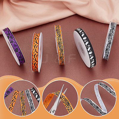 5 Rolls 5 Styles Halloween Theme Polyester Printed Grosgrain Ribbon OCOR-PH0004-42-1