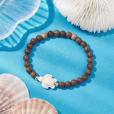 Summer Beach Turtle Dyed Synthetic Turquoise & 6.5mm Round Wenge Wood Beaded Stretch Bracelets for Women BJEW-JB10515-02-1