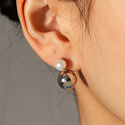 Two Tone 304 Stainless Steel & Plastic Pearl Stud Dangle Earrings WGF19D0-03-1
