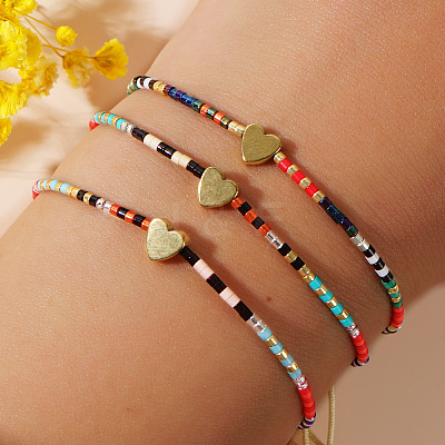 Striped Seed Beaded & Brass Heart Link Bracelets LV4885-1