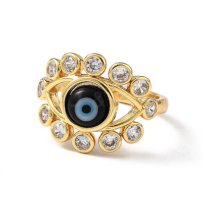 Lampwork Evil Eye Open Cuff Ring with Clear Cubic Zirconia RJEW-L104-03G-03-1