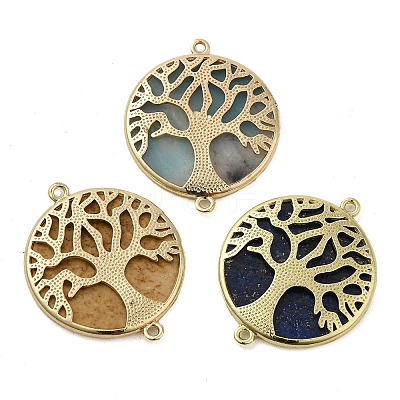 Natural Mixed Gemstone Flat Round Connector Charms G-E609-01G-1