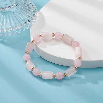 Natural Rose Quartz Column & Round Stretch Bracelet for Women BJEW-JB09351-05-1