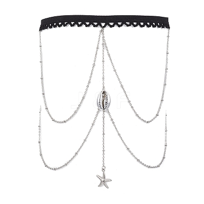 304 Stainless Steel Cable Chains & Electroplated Shell Pendant Tassel Thigh Leg Chains AJEW-AN00649-01-1