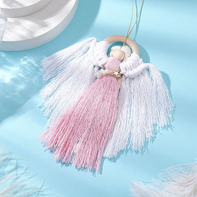 Angel Wood & Cotton Threads Pendant Decoration HJEW-JM02406-02-1