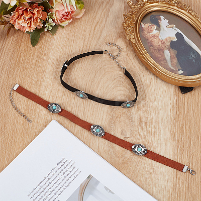 2Pcs 2 Colors Alloy Pave Synthetic Turquoise Oval Imitation Leather Choker Necklaces for Women NJEW-CY0001-06-1