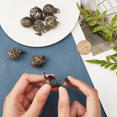 10Pcs 5 Styles Round Brass Hollow Cage Pendants KK-SC0003-05-1