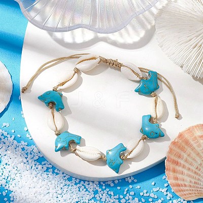 Natural Mixed Cowrie Shell with Synthetic Turquoise Beaded Anklets AJEW-AN00596-03-1