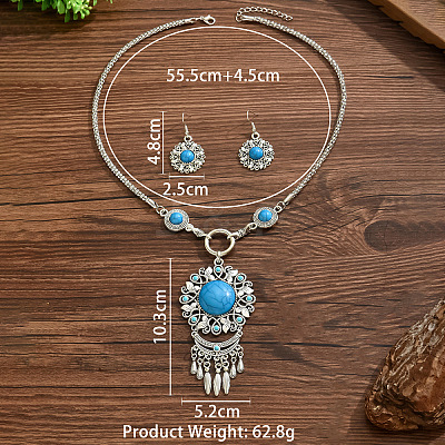 Flower Bohemian Ethnic Style Zinc Alloy & Resin Pendant Necklace & Dangle Earring Sets FS-WGD47C5-01-1