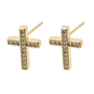 Cross Brass Micro Pave Clear Cubic Zirconia Stud Earrings EJEW-C186-18G-01-1