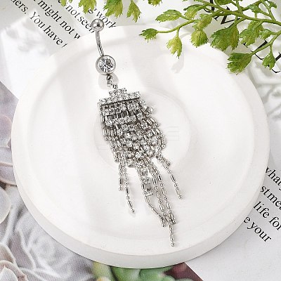 Alloy Crystal Rhinestone Dangle Curved Barbell Belly Rings AJEW-R007-04P-03-1
