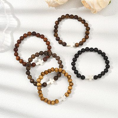 Round Wooden Beads Stretch Bracelets BJEW-JB12671-1