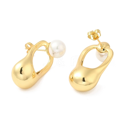 Rack Plating Brass Twist Oval Stud Earrings with Plastic Pearl Beaded EJEW-D068-05G-1