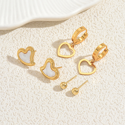 3 Pairs Stainless Steel Heart & Round Earring Sets UL3756-1