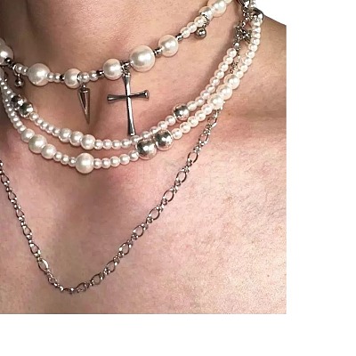 Cross Stainless Steel & Plastic Imitation Pearl Pendant Multi Layered Necklaces for Women FS-WGBBA27-01-1