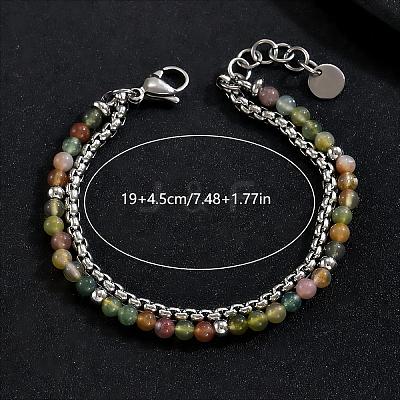 Natural Indian Agate Round Beaded 2-Strand Bracelets with 201 Stainless Steel Box Chains for Men Women EI8345-3-1