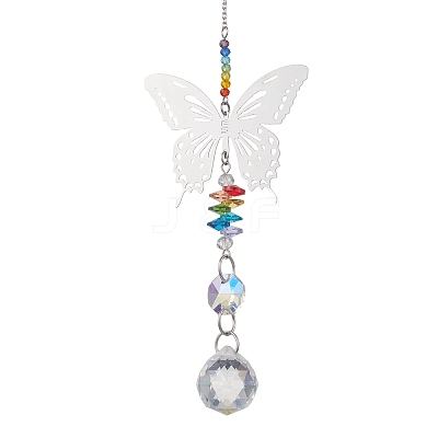 201 Stainless Steel Butterfly Shape & Rainbow Crystal Glass Hanging Suncatcher HJEW-JM04681-1