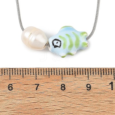 Handmade Porcelain Fish & Natural Cultured Freshwater Pearl Pendant 304 Stainless Steel Round Snake Chain Necklaces for Women NJEW-JN06398-1