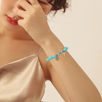 5Pcs 5 Style Handmade Polymer Clay Stretch & Brass Beaded & Alloy Link Chain Bracelets Set BJEW-SZ0001-66C-1