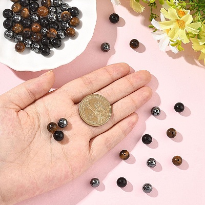 60Pcs 3 Styles Natural Tiger Eye & Obsidian & Synthetic Non-Magnetic Hematite Round Beads G-YW0002-73-1