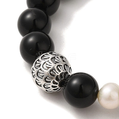 Natural Pearl & Obsidian & Brass Round Stretch Bracelets BJEW-C051-24-1