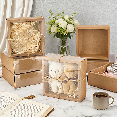 Square Folding Cardboard Kraft Paper Packing Drawer Boxes with Clear Plastic Cover CON-WH0100-57A-1