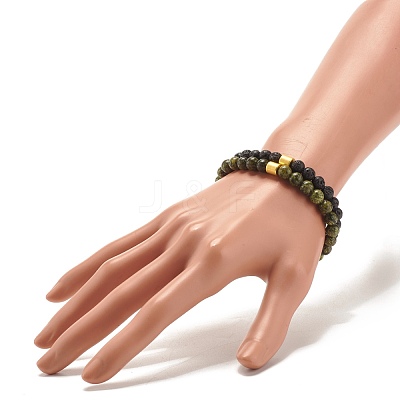 2Pcs 2 Style Natural Serpentine/Green Lace & Lava Rock Round Beaded Stretch Bracelets Set with Column Synthetic Hematite BJEW-JB07575-1