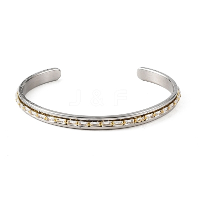 6MM 201 Stainless Steel and Brass Pave Rectangle Clear Cubic Zirconia Cuff Bangles BJEW-JB14370-1
