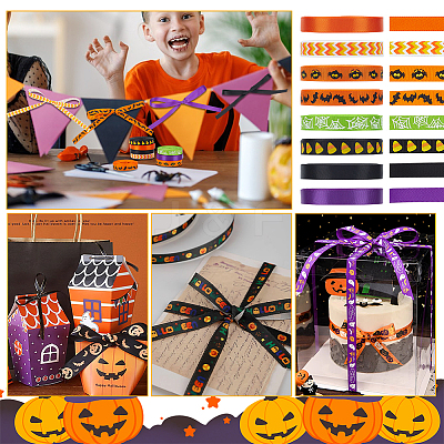 8Rolls 8 Colors Halloween Polyester Printed Grosgrain Ribbon OCOR-PH0004-26-1