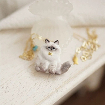 304 Stainless Steel Enamel Cute Cat Shape with Flower Pendant Necklaces for Women SA-CBA8F25-01A-1