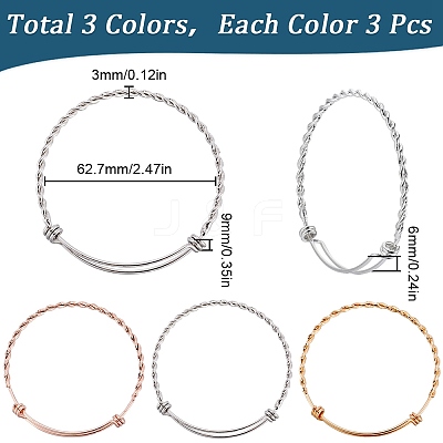 9Pcs 3 Colors Stainless Steel Twist Bangles for Women FIND-SC0010-03-1