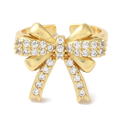Bowknot Brass Micro Pave Clear Cubic Zirconia Open Cuff Rings for Women RJEW-C098-10G-1