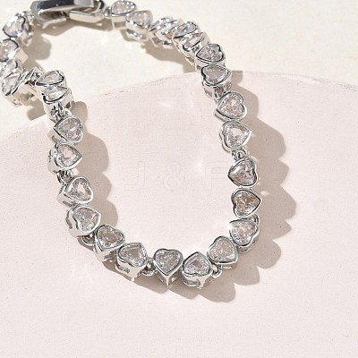 Heart Brass Micro Pave Clear Cubic Zirconia Link Chain Bracelets for Women BJEW-C156-07C-P-1
